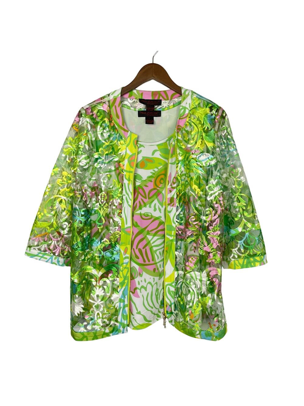 Pleats Collection | Bright Neon Green & Pink Floral Lace Sheer Jacket Tank Set